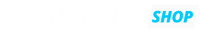 Blue swimming shop logo with white text and black outline