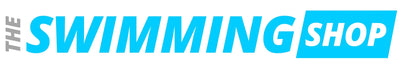 Blue swimming shop logo with white text and black outline