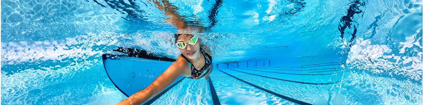 Colorful Aqua Sphere swim goggles with clear lenses in swimming goggle range