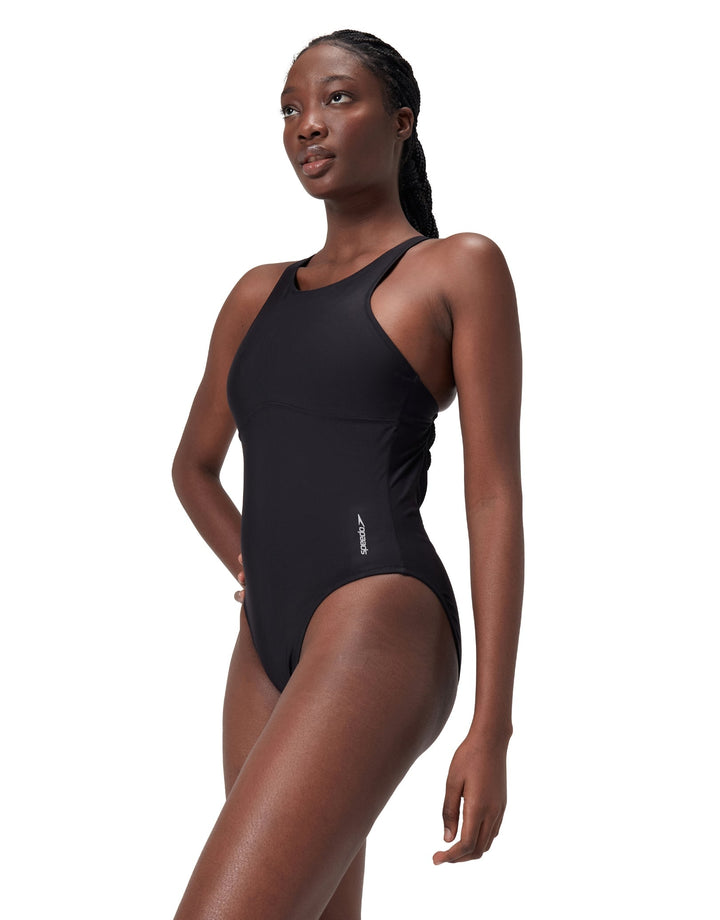 Speedo Solid Highneck Crossback Swimsuit Dark Grey – theSwimmingShop