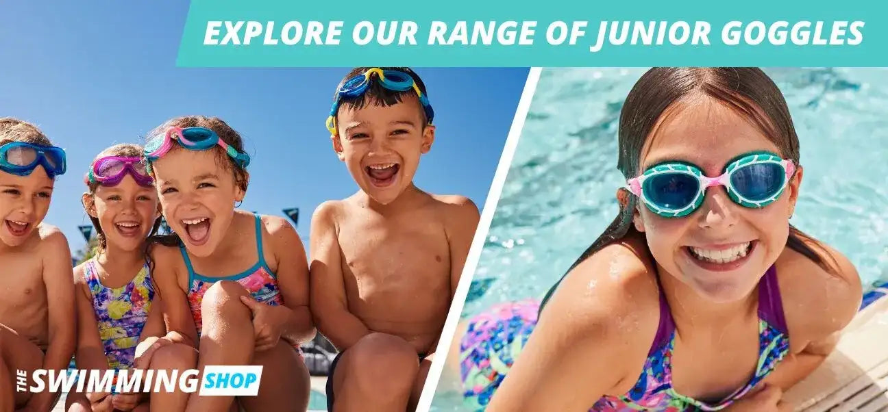 Junior goggles with blue lenses and black frames, made of silicone material