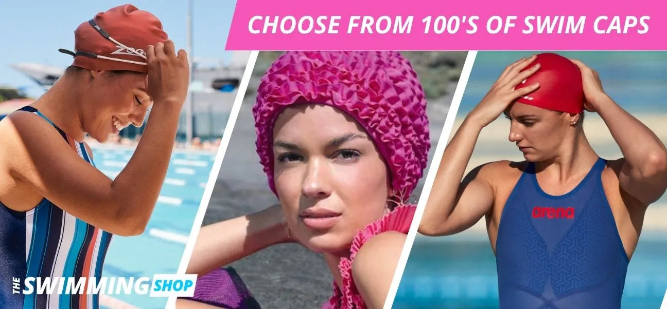 selection of swim caps made of fabric and others of silicone material stylish Fashy caps